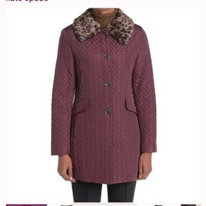 KATE SPADE CHEVRON QUILTED Burgandy fur collar womans quiet luxury jacket L